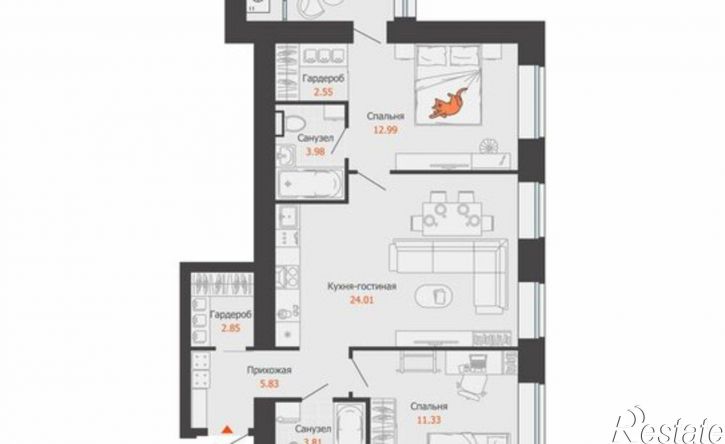 2-комн квартира в новом доме улица Еремецкого, 36,  д. 36