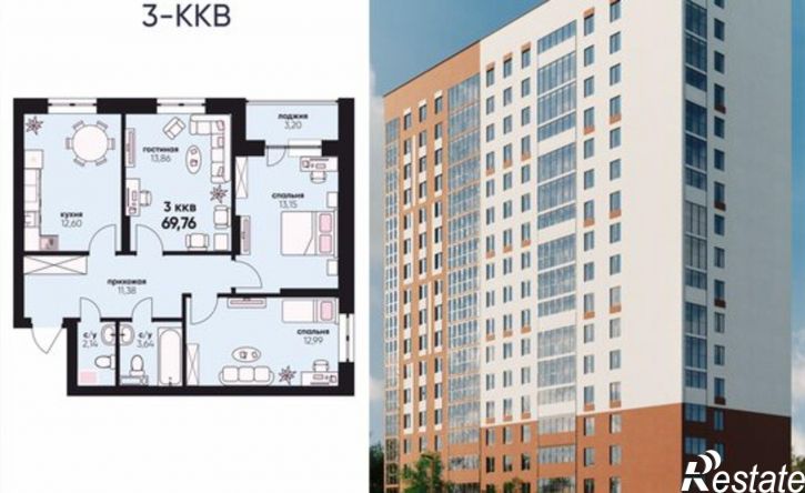 3-комн квартира в новом доме пр-кт Нариманова, 75Б,  д. 75Б